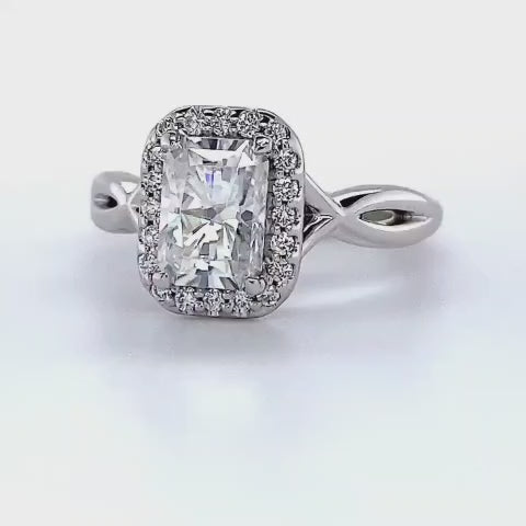 2 CT Radiant Cut Lab Grown Diamond Twist Halo Ring in 14K White Gold