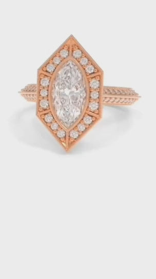 Vintage Art Deco Marquise Lab-Grown Diamond Ring with Milgrain Pave Band