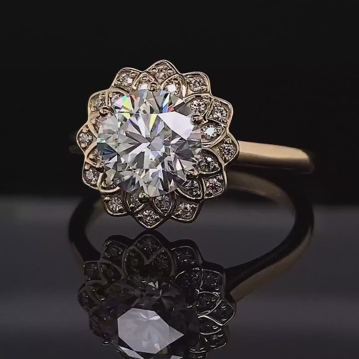 3 CT Round Cut Lab Grown Diamond Floral Scalloped Halo Engagement Ring