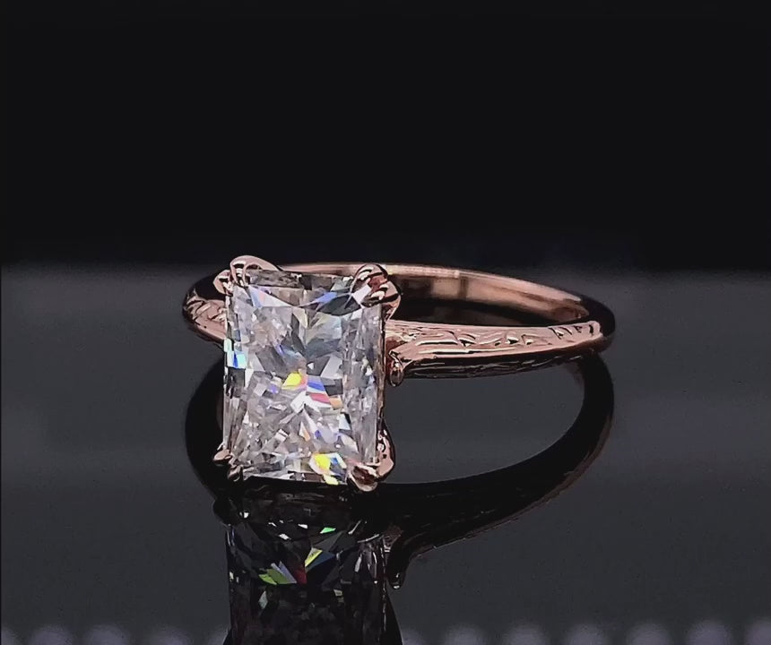 3 Carat Radiant Cut Lab Diamond Solitaire Ring with Floral Hand Engraved Band