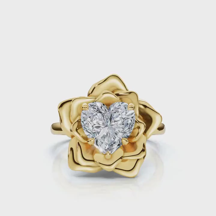 Sculptural Flower Petal Setting, 3 CT Heart Cut Lab Grown Diamond Floral Rose Ring