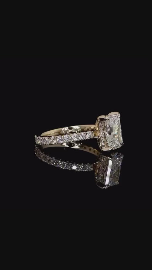 2 CT Elongated Radiant Cut Lab Grown Diamond Engagement Ring, Hidden Halo & Pavé Band in Yellow Gold