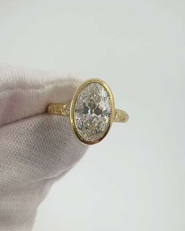 4 Carat Oval Cut Lab Grown Diamond Milgrain Bezel Vintage Ring in 14K Gold