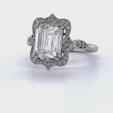3 CT Emerald Cut Lab Grown Diamond Vintage Scalloped Halo Ring in 14K White Gold