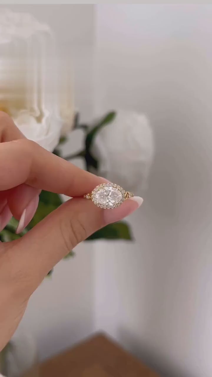 3 CT East-West Oval Cut Lab Grown Diamond Vintage Halo Ring