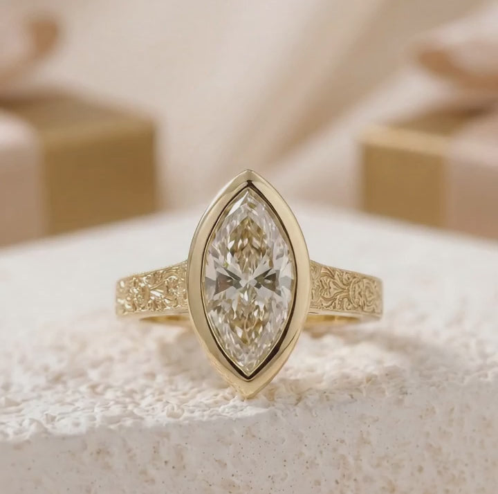 Bezel Set Vintage 4 CT Marquise Lab Diamond Engagement Ring