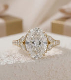 4 CT Oval Lab Diamond Engagement Ring  Leaf Side Stone Ring