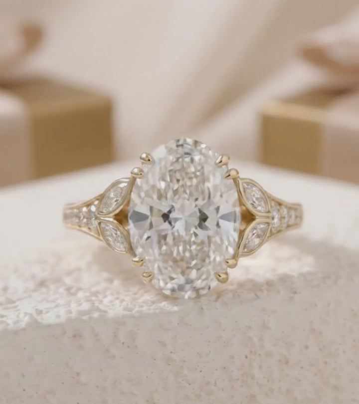 4 CT Oval Lab Diamond Engagement Ring  Leaf Side Stone Ring