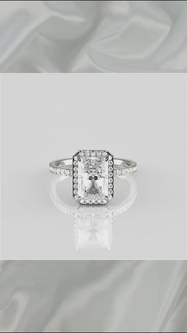 3 Carat Radiant Cut Lab Grown Diamond Halo Engagement Ring with Pave Band