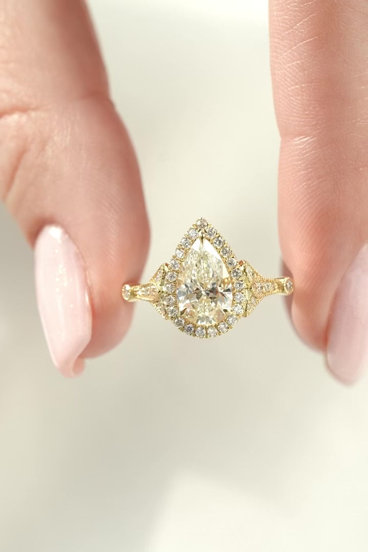 2 Carat Pear Cut Lab Diamond Halo Ring with Milgrain Shoulders