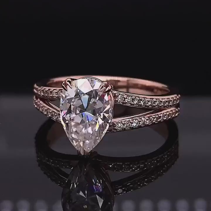 2 CT Pear Cut Lab Grown Diamond Engagement Ring in Rose Gold Split Shank Pavé Band