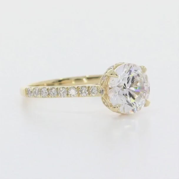 3 CT Round Cut Lab Grown Diamond Engagement Ring in Yellow Gold with Pavé Band & Vintage Hidden Halo