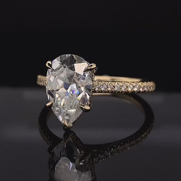 3 CT Pear Cut Lab Grown Diamond Ring with Hidden Halo in 14K Yellow Gold
