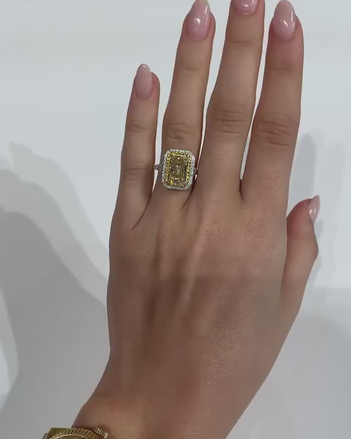 2 CT Canary Yellow Radiant Cut Lab Diamond Two-Tone Halo Engagement Ring on Hand Video