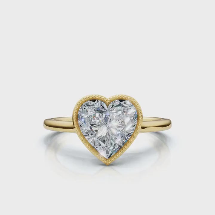 3 CT Heart Cut Lab Grown Diamond Engagement Ring, Milgrain Bezel in Yellow Gold