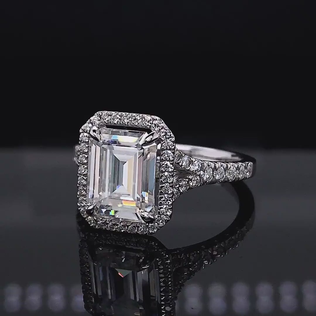 Split Shank 3 CT Emerald Cut Lab Grown Diamond Halo Ring.