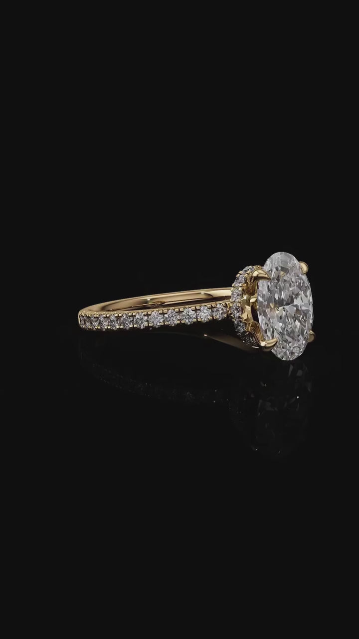 GI Certified 2 Carat Oval Lab Diamond Ring with Pavé Band in Yellow Gold