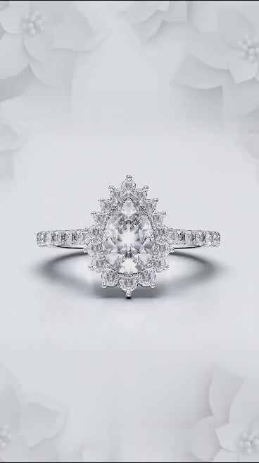 2 Carat Pear Cut Lab Grown Diamond Sunburst Floral Halo Engagement Ring in 14K White Gold