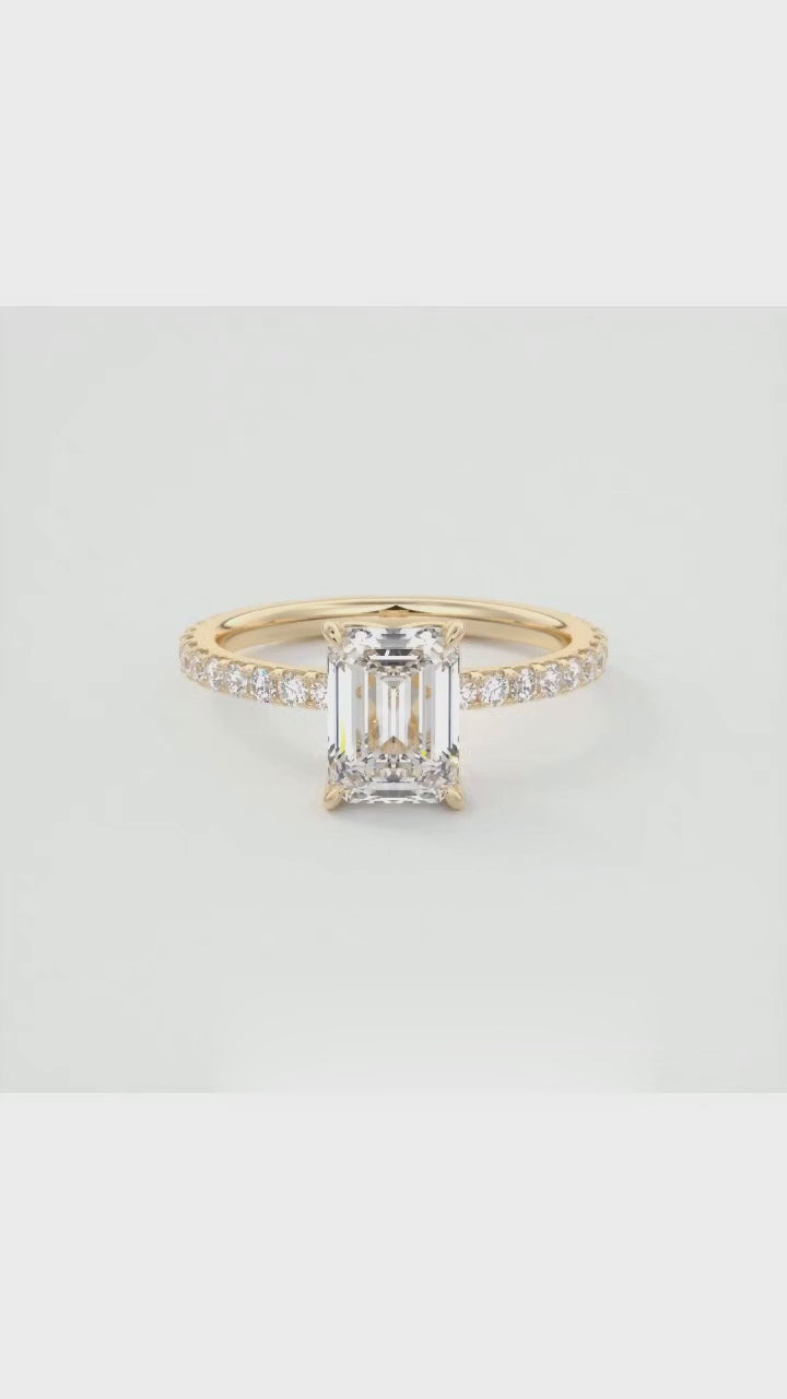 2 Carat Emerald Cut Lab Grown Diamond Engagement Ring with Tulip Petal Basket in 14K Yellow Gold