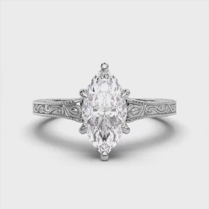 3 CT Marquise Cut Lab Grown Diamond Vintage Engraved Ring | Antique Scrollwork Band, 360 Degree View of ring