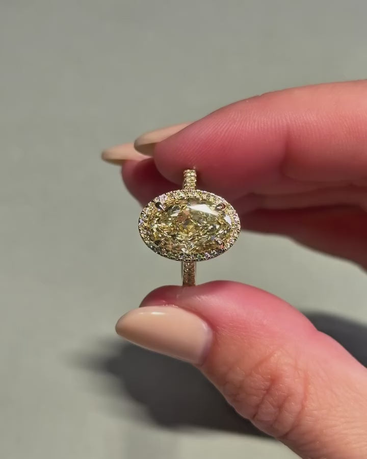 3 CT Oval Cut Fancy Yellow Lab Diamond Halo Ring with Pavé Band