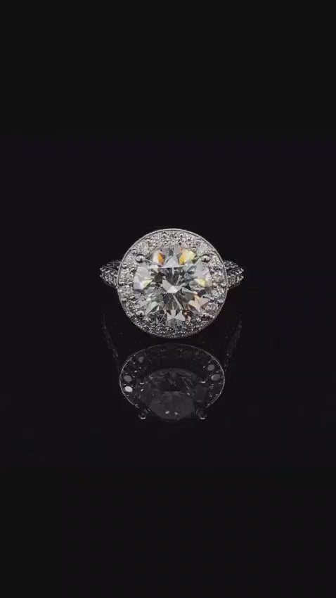 3 CT Round Cut Lab Grown Diamond Halo Engagement Ring with Vintage Milgrain Band