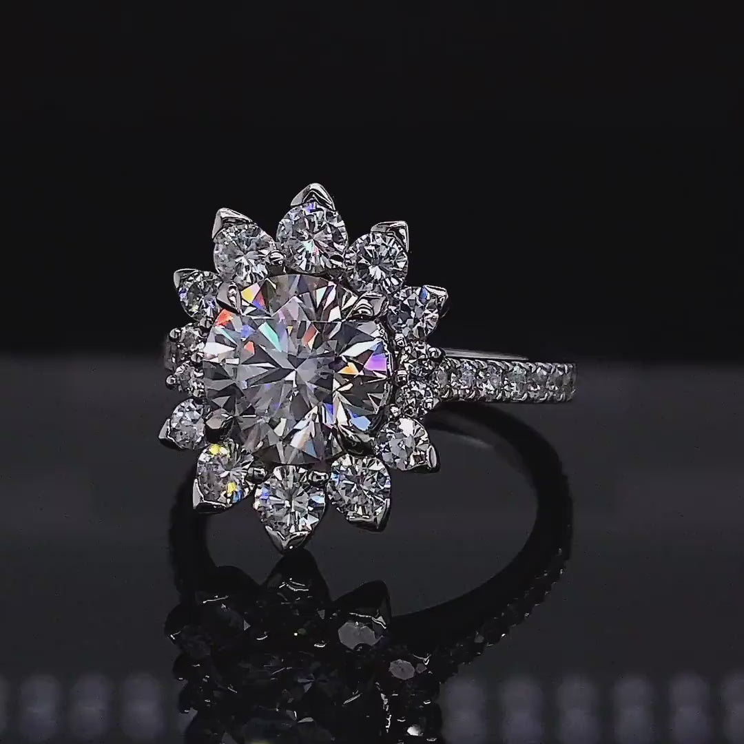 3 Carat Round Cut Lab Grown Diamond Floral Sunburst Halo Engagement Ring in 14K White Gold