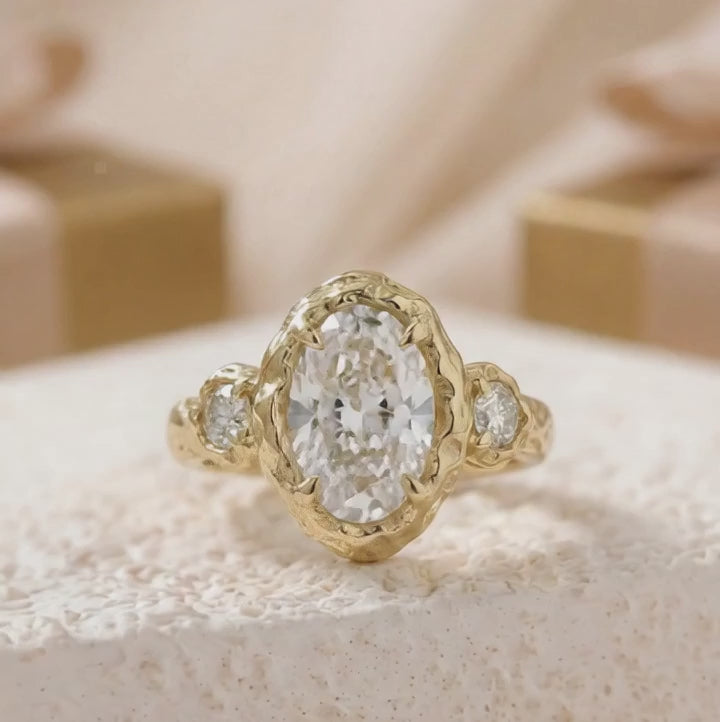 Hammered Gold Three Stone 3 CT Oval Lab Diamond Engagement Ring