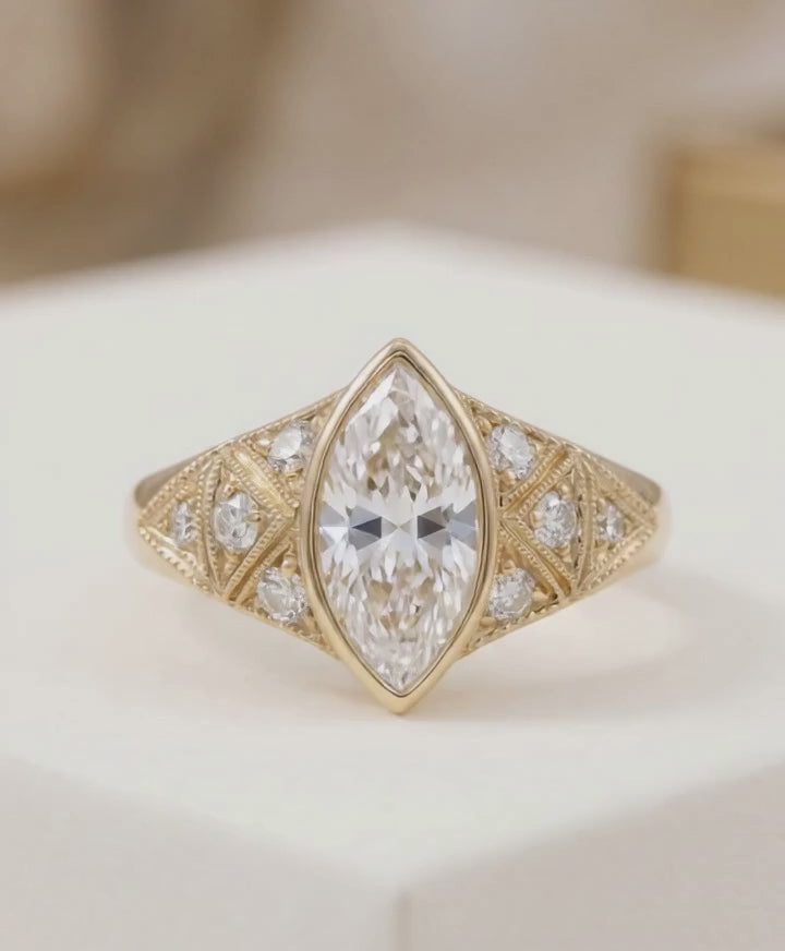 Vintage Marquise Cut Bezel Engagement Ring | Yellow Gold
