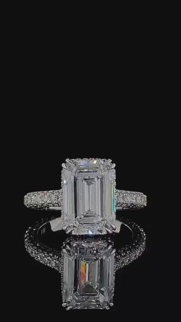 4 Carat Emerald Cut Lab Diamond Engagement Ring with Hidden Collar & Pavé Struts