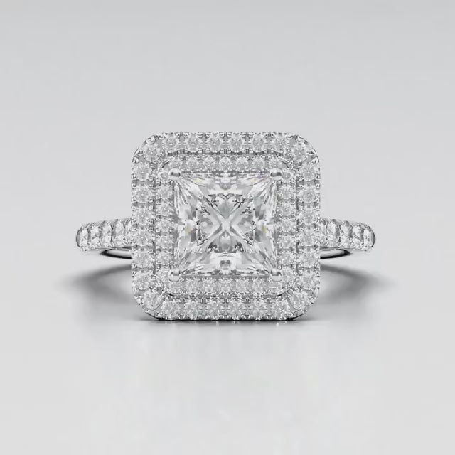 2 CT Princess Cut Lab Grown Diamond Double Halo Engagement Ring in White Gold