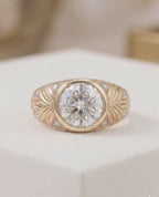 Floral Bezel Hand Engraved Ring, 3 CT Round Lab Grown Diamond Ring