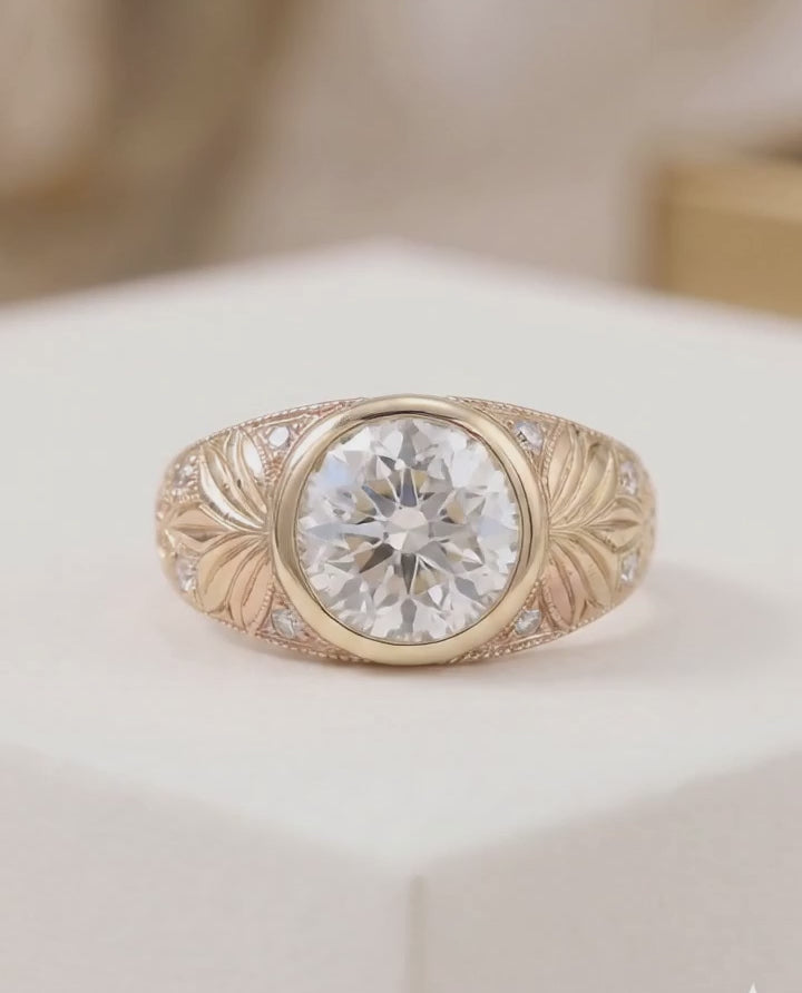 Floral Bezel Hand Engraved Ring, 3 CT Round Lab Grown Diamond Ring