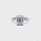 3 CT Emerald Cut Lab Grown Diamond Ring, Baguette Channel Band & Hidden Halo