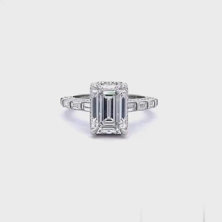 3 CT Emerald Cut Lab Grown Diamond Ring, Baguette Channel Band & Hidden Halo