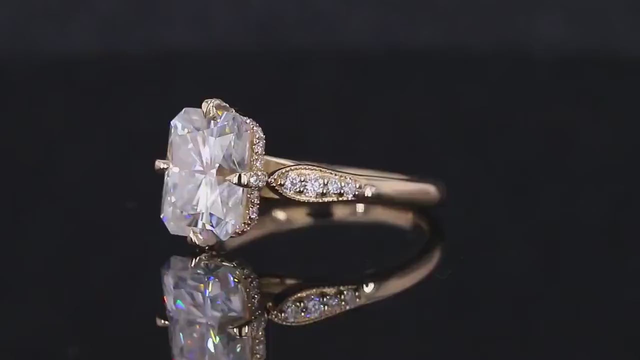 2 Carat Radiant Cut Lab Diamond Ring with Milgrain Accent Band & Hidden Halo