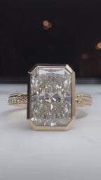 5 Carat Radiant Cut Lab Grown Diamond Bezel Ring Vintage Engraved Band in 14K Gold