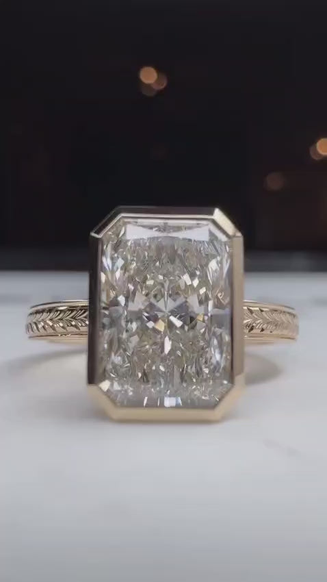 5 Carat Radiant Cut Lab Grown Diamond Bezel Ring Vintage Engraved Band in 14K Gold