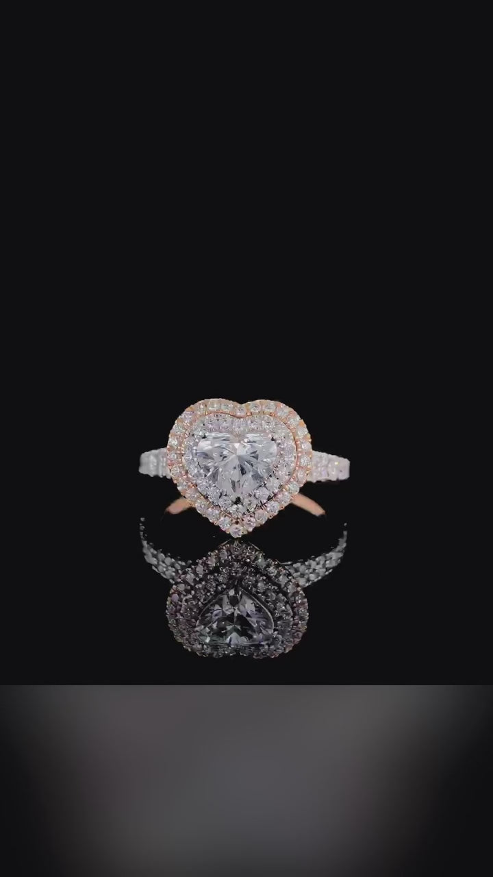 2 Carat Heart Cut Lab Grown Diamond Double Halo Engagement Ring in Two-Tone Gold