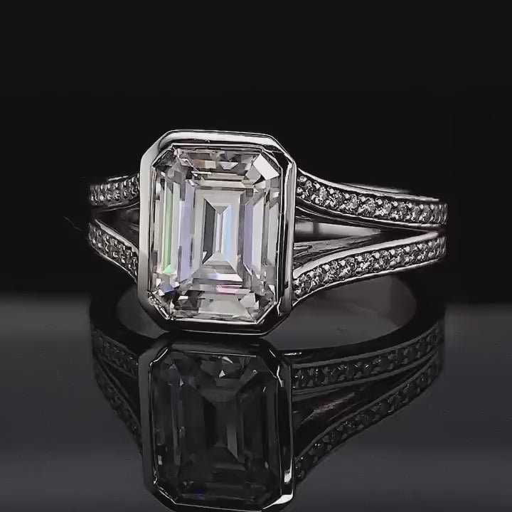 4 CT Emerald Cut Lab Grown Diamond Bezel Engagement Ring with Split Shank in White Gold