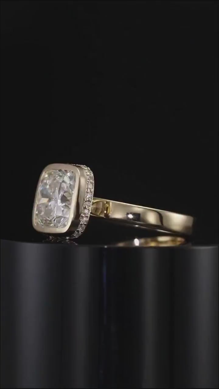 3 CT Cushion Cut Lab Grown Diamond Bezel Ring with Hidden Halo in 14K Gold
