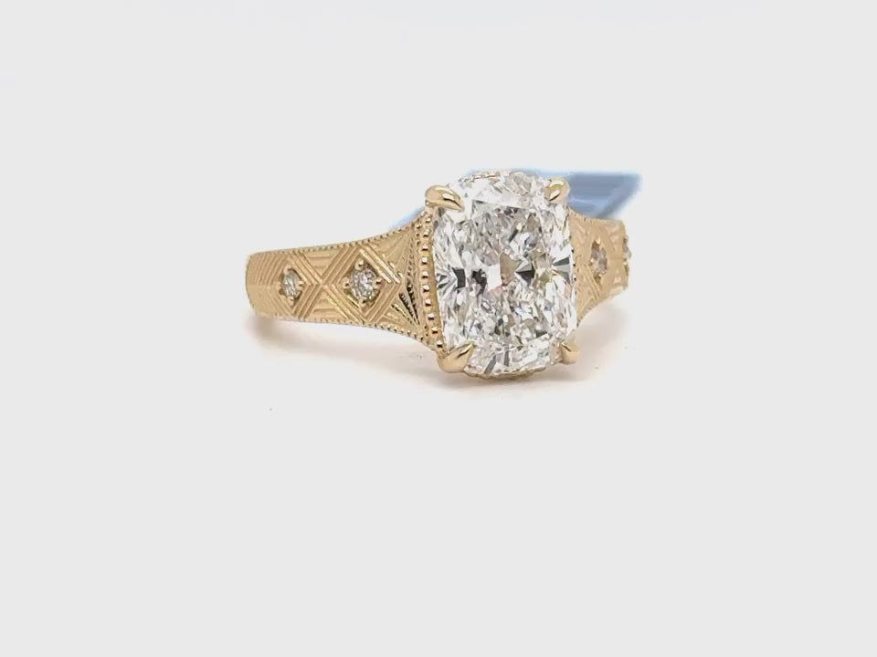 3 Carat Cushion Cut Lab Diamond Hand-Engraved Milgrain Engagement Ring
