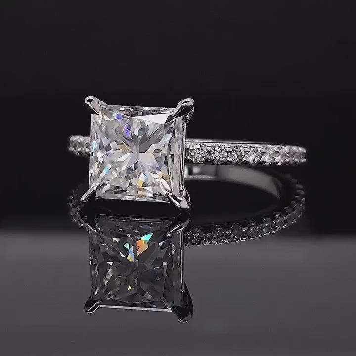 2 Carat Princess Cut Lab Grown Diamond Engagement Ring with Hidden Halo & Pavé Band