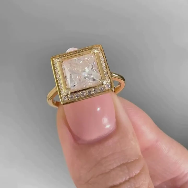 3 CT Princess Cut Lab Grown Diamond Engagement Ring, Bezel Halo Frame Ring in Yellow Gold
