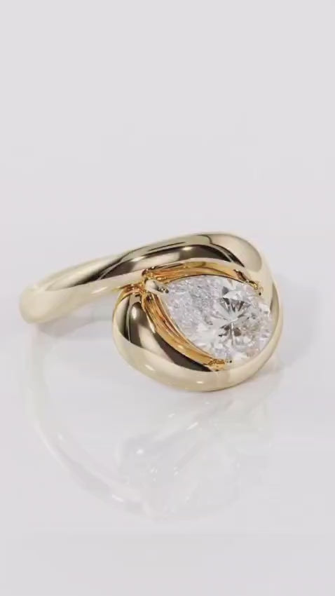 2 Carat Pear Cut Lab Grown Diamond Sculptural Bypass Ring in 14K Yellow Gold