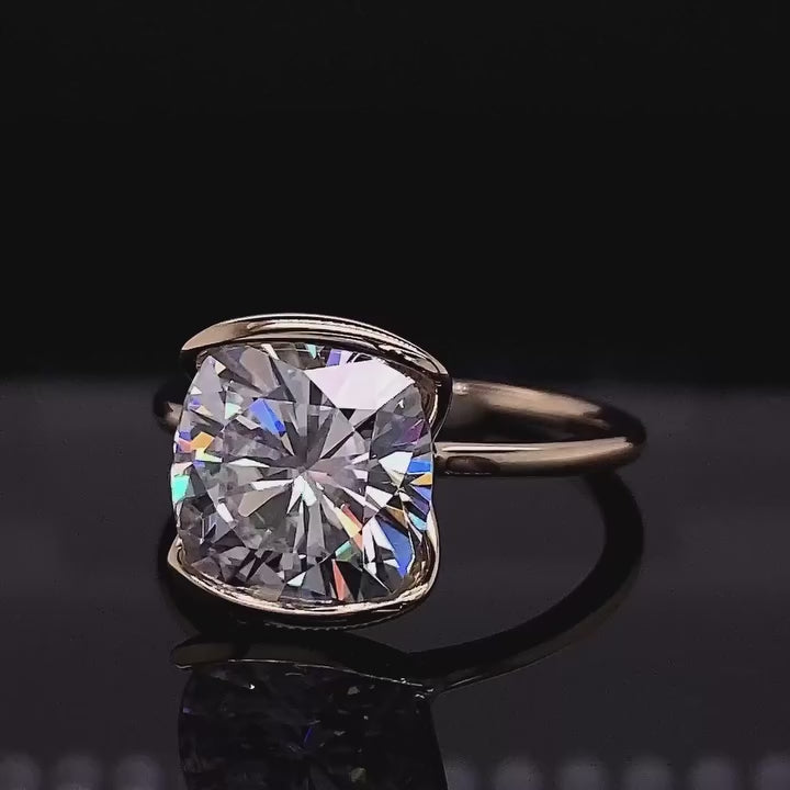 3 Carat Cushion Cut Lab Diamond Modern Half Bezel Solitaire Ring