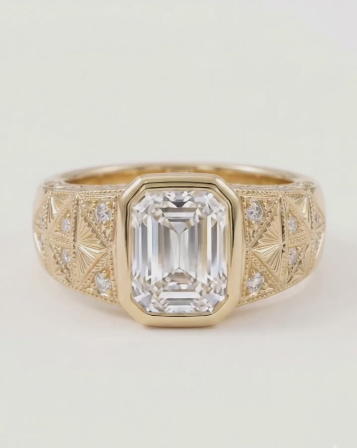 4 CT Bezel Set Emerald Cut Lab Grown Diamond Ring yellow Gold