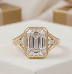 5 CT Emerald Lab Diamond Engagement Ring Bezel Set With Milgrain Detail