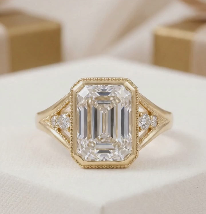 5 CT Emerald Lab Diamond Engagement Ring Bezel Set With Milgrain Detail