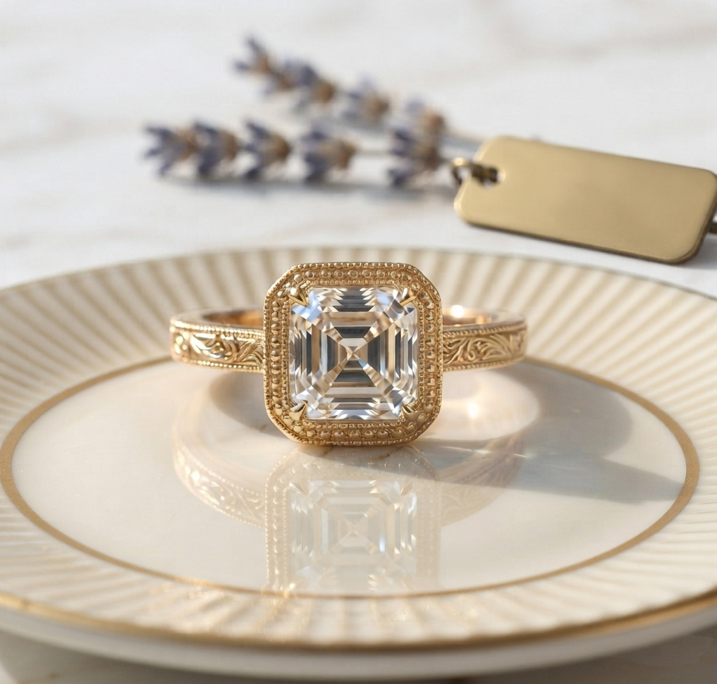 Vintage Art Deco 3 Carat Asscher Cut Diamond Ring with Engraved Band